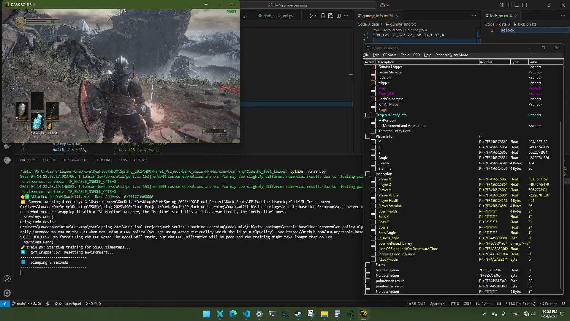 Dark Souls III running beside the training code, console output, and Cheat Engine game-state tools.