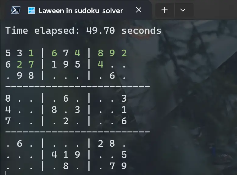 Sudoku puzzle being solved step-by-step in the console.